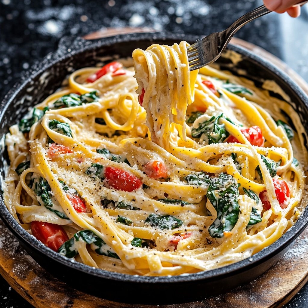 One-Pot Pasta mit Tomaten & Spinat